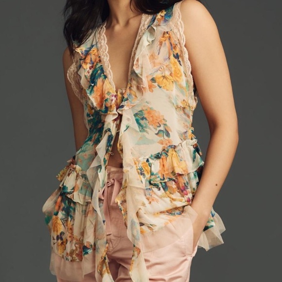 Anthropologie Sleeveless Trailing Ruffle Blouse - Picture 1 of 4